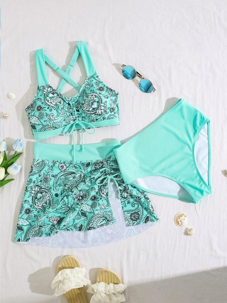 Bikini Due Pezzi Stampa Coulisse Vita Alta Taglie Forti Set Tre Pezzi Elegante
