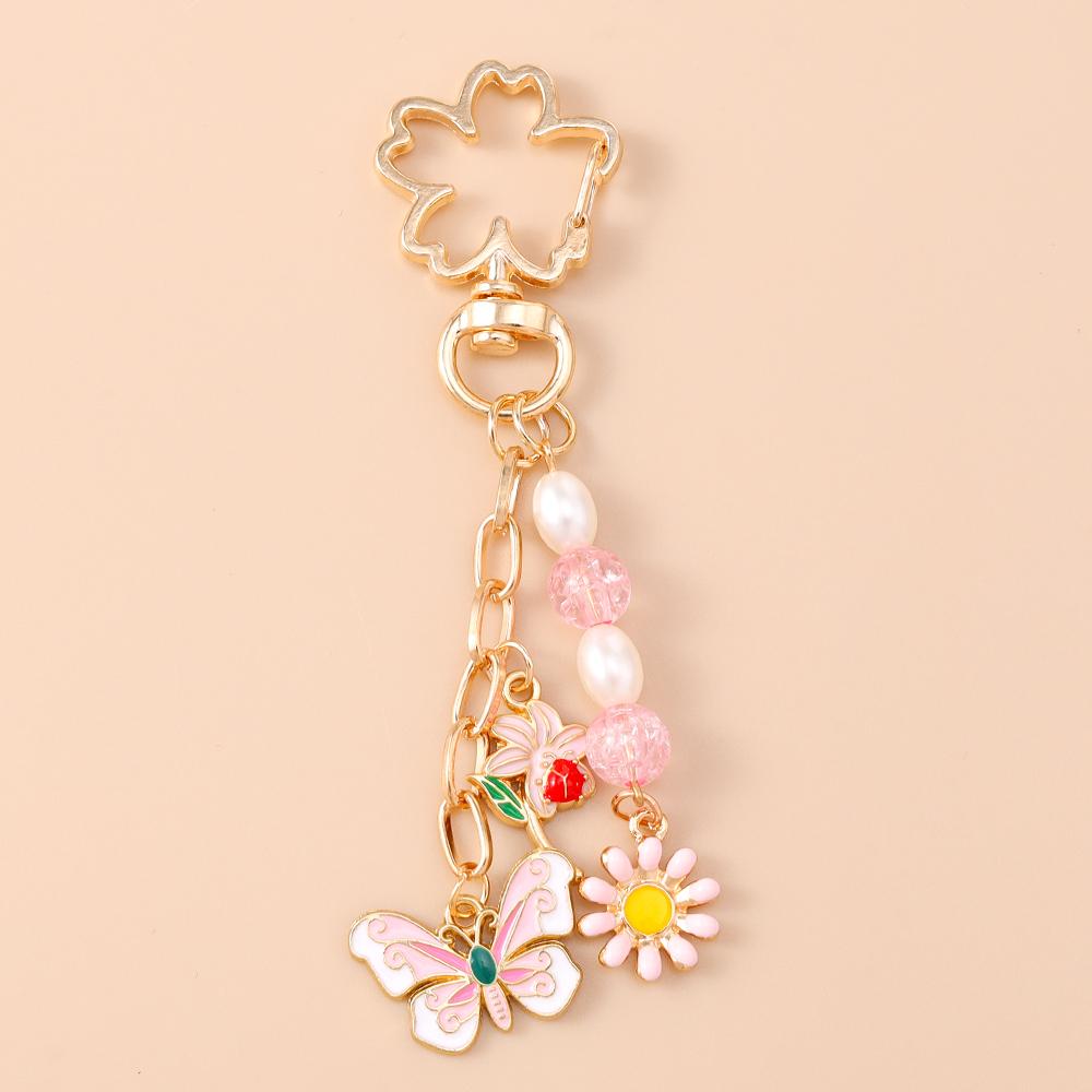 Cute Enamel Flower Butterfly Keychain Women Girls Beads Pearl Key Ring Pendants for Handbag Decor DIY Handmade Jewelry Gifts