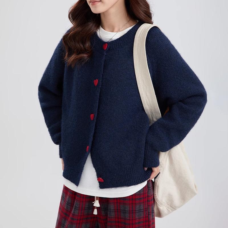 

Вязаный кардиган Love Buckle для женщин, осень-зима, корейская версия, свободный круглый вырез, мягкий вощеный свитер, куртка, топы S темно-синий