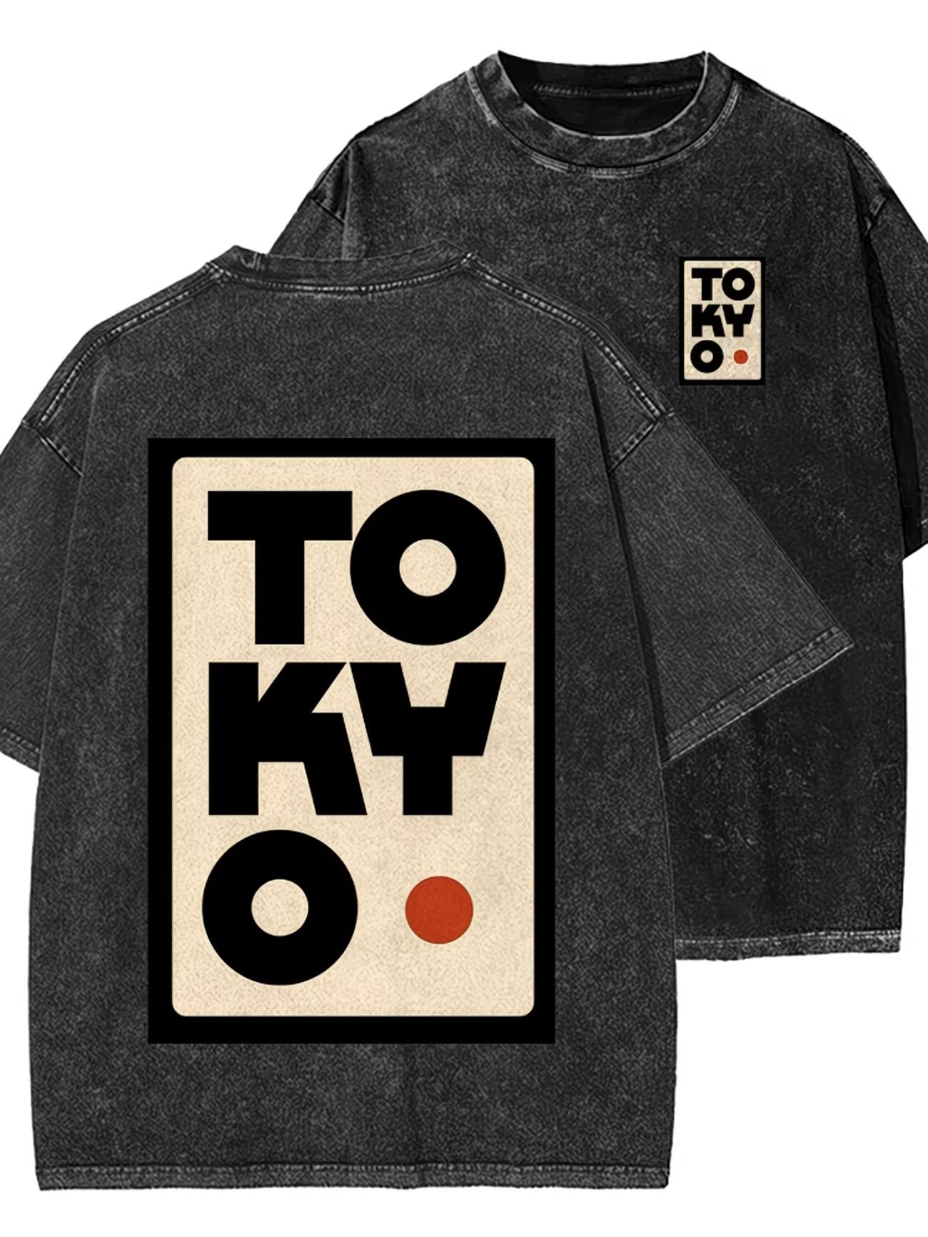 Tokyo Japanese Streetwear Washed Cotton Tshirt Vintage Retro Harajuku Graphic Tee Acid Wash Unisex Fashion Cotton Top S