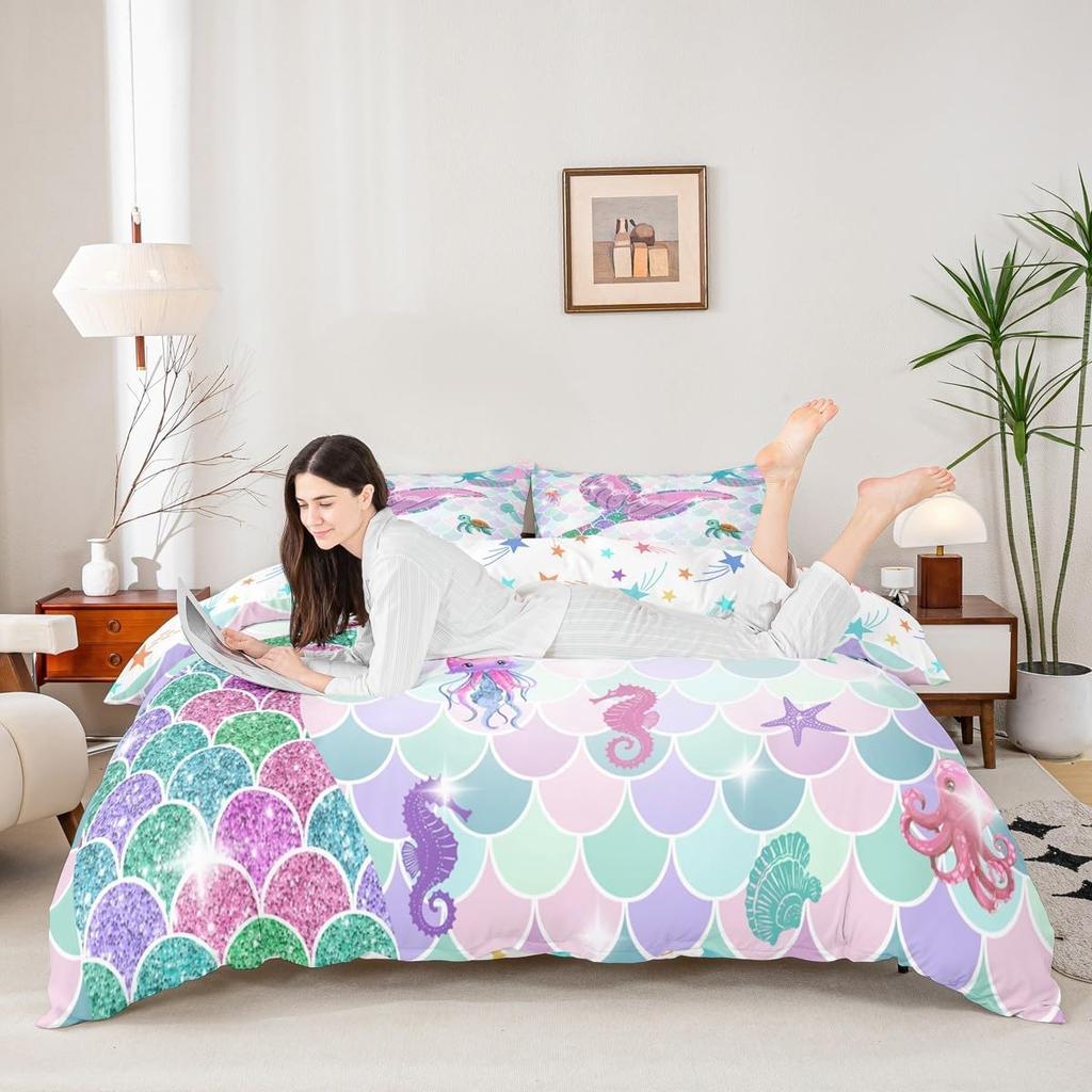 Erosebridal Mermaid Tail Bedding Set,Nautical Sea Animal Duvet Cover Twin Size for Kids Child,Fish Scale Sparkle Sequins Comforter Cover Oce