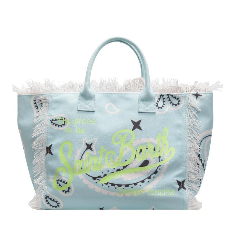 2025 new bag fashion beach large capacity shoulder bag handmade fringed denim printed tote bag
