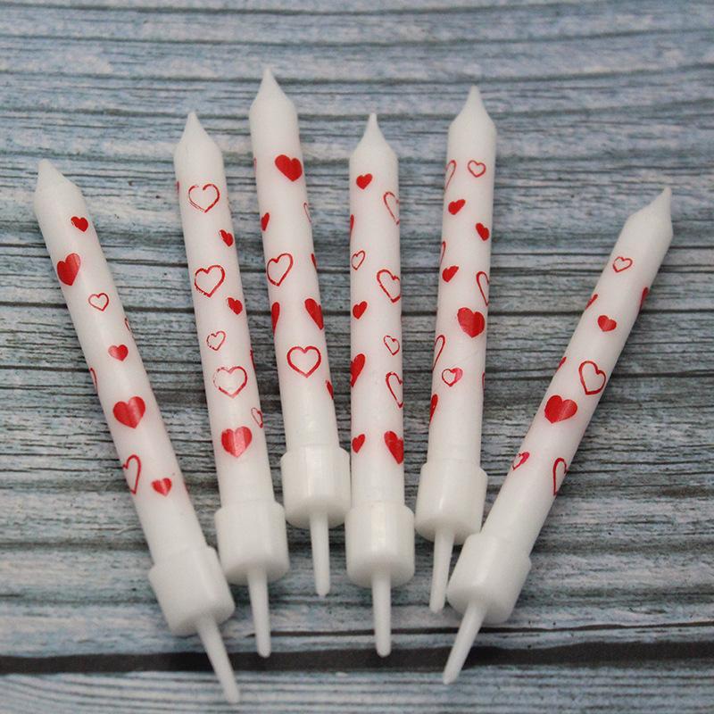 Birthday Cake Glossy Printed Red Love Pattern Pencil Candle Adult Party Cartoon 6 Candles