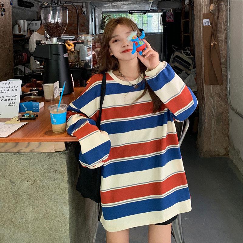 Striped Women's Korean Style Loose Long Sleeve Mid-length T-shirt, Spring/Autumn 2022 Trend