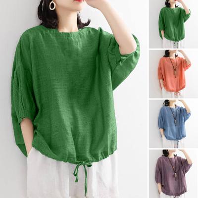 Dam Sommar Casual T-shirt O-ringad 3/4 Batwing ärm Pullover Toppar Enfärgad Loose Fit Sommarblus Streetwear