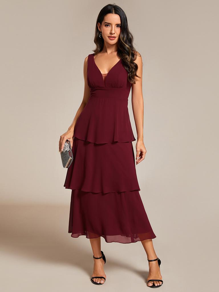 Ever-Pretty Damen Abendkleid mit Stufensaum, Midilänge, Hochzeitsgästekleid, V-Ausschnitt, ärmellos, A-Linie, Chiffon