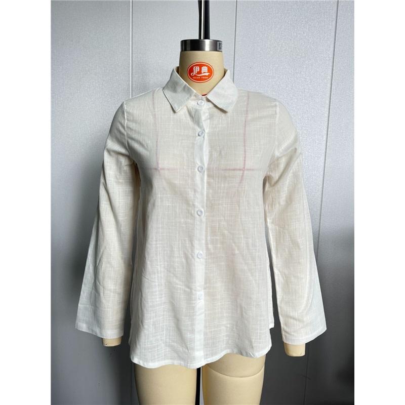Women Vintage Linen Cotton Blouse Lapel Collar Long Sleeve Button Down Casual Loose Shirt