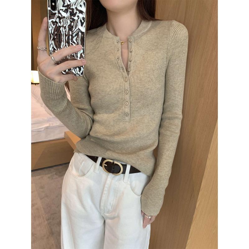 Spring single-breasted slim-fit pit strip knitted sweater women's crew neck pullover long-sleeved top Lazy wind bottoming shirt