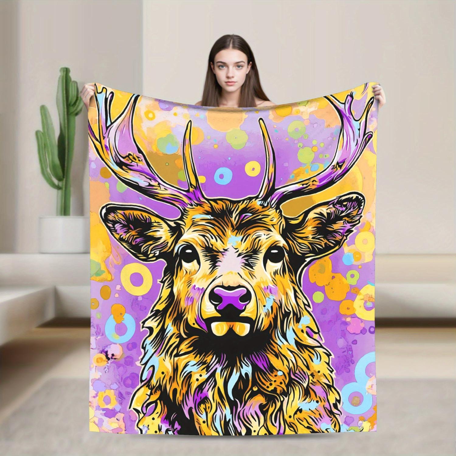 Vibrant Elk Flannel Blanket - Soft Cozy Wildlife Cabin Home Decor Throw 70x100cm