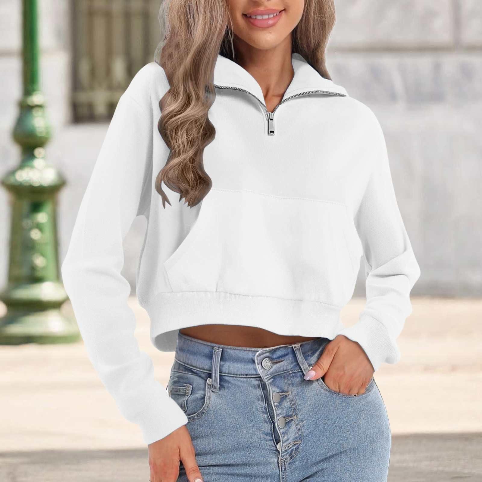 

Женская мода Пуловер с длинным рукавом однотонный повседневный свободный спортивный короткий топ на молнии M белый