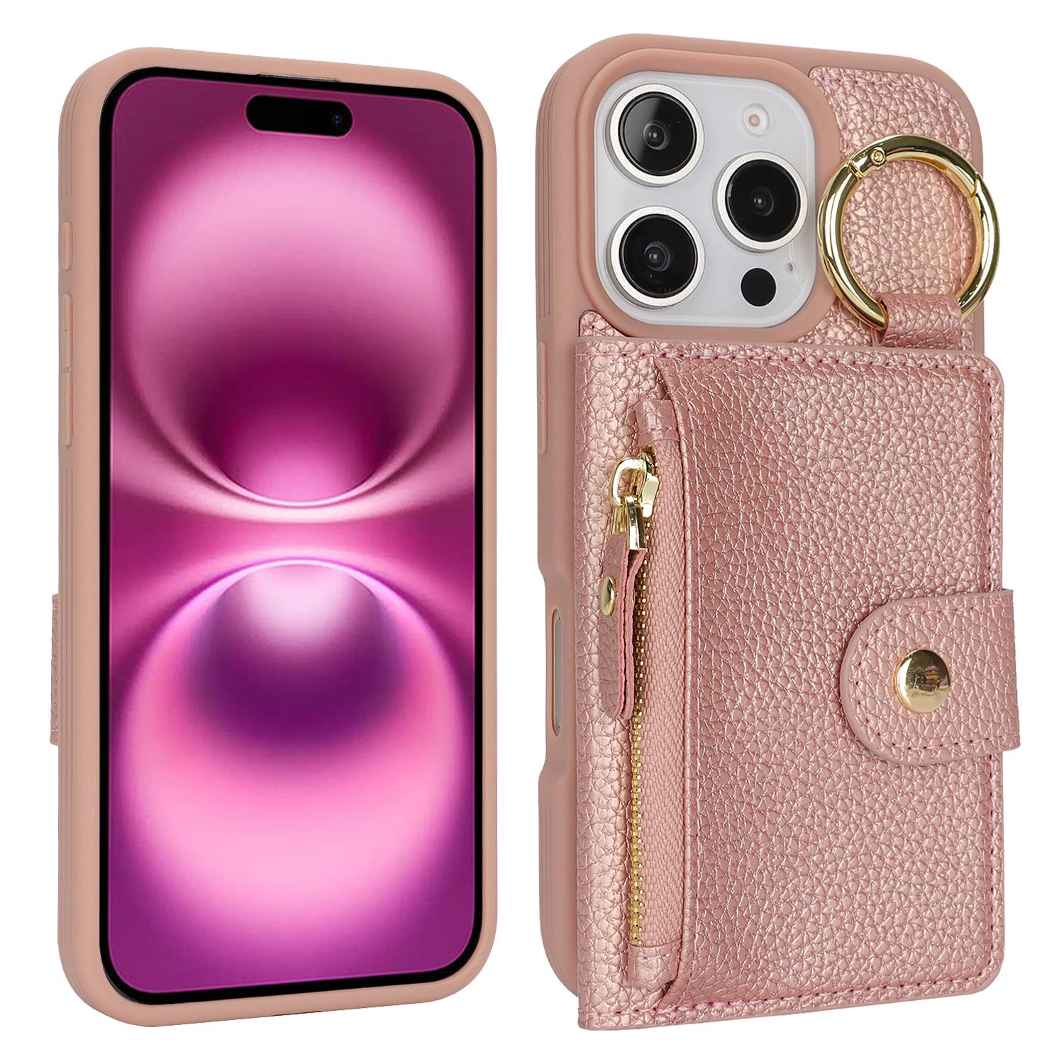 

For iPhone 16 Pro Case Litchi Textured PU Leather+TPU Kickstand Phone Cover with Card Slot Pink