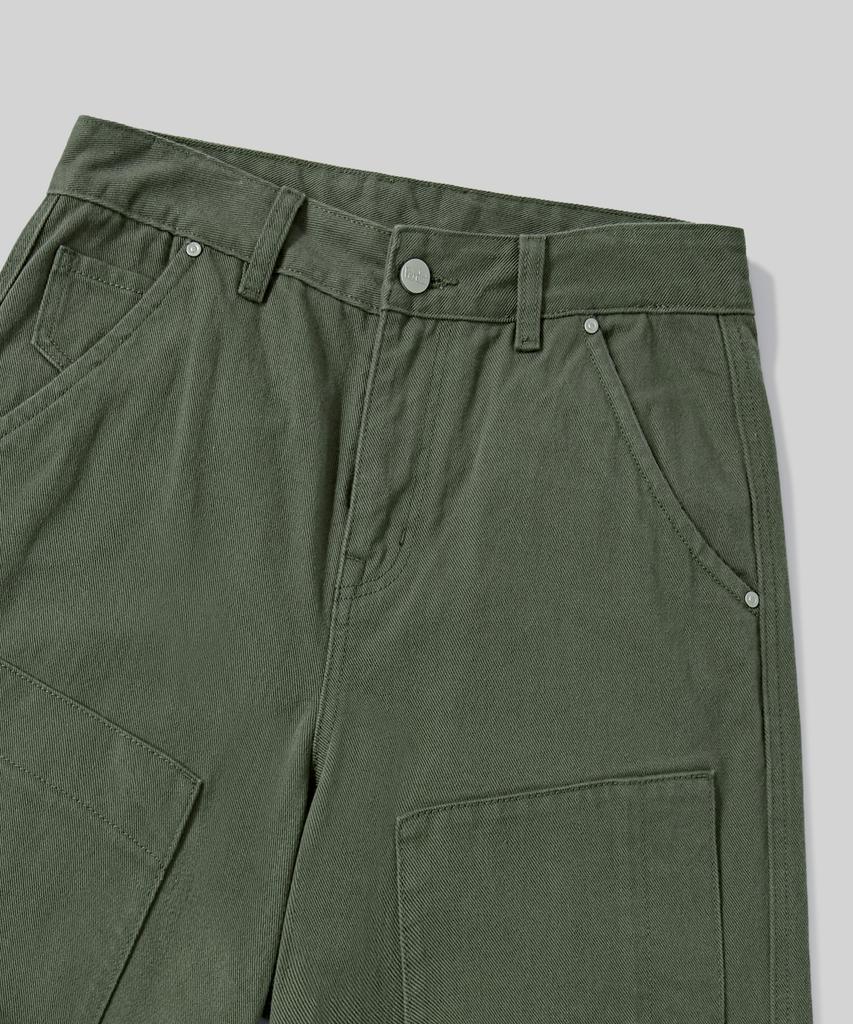 Beodeonteu Curved Cut Multi-Dart Wide Twill Pants [Khaki]