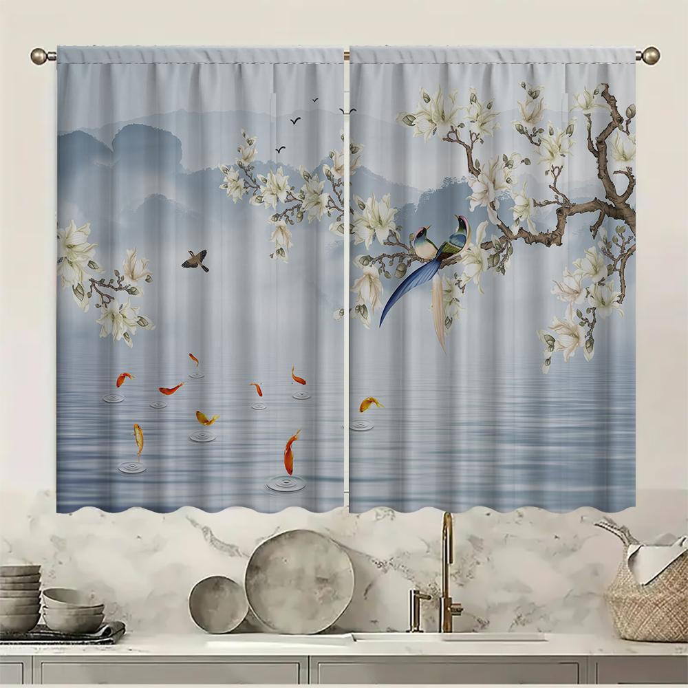 2PC Home flowers and birds Curtains With Landscape Background And Pole Pocket Curtains   Kitchen   Coffee Shop   Living Room   Bacon