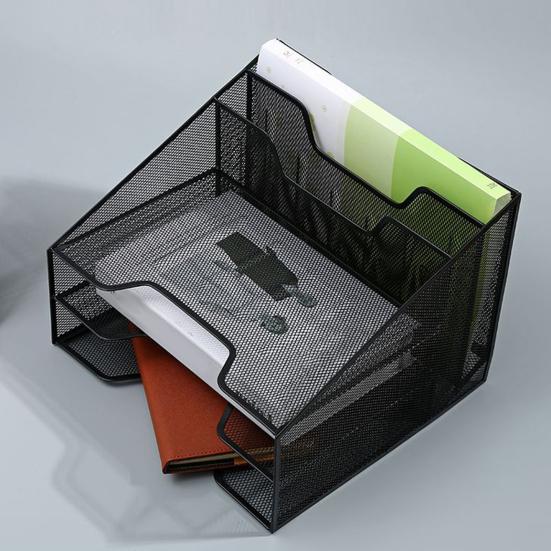 Letter Tray Organizer Desk Mesh File Organizer with 3 Paper Tray And 2 Vertical Upright Section Metal File Folder Sorter for Office Supplies