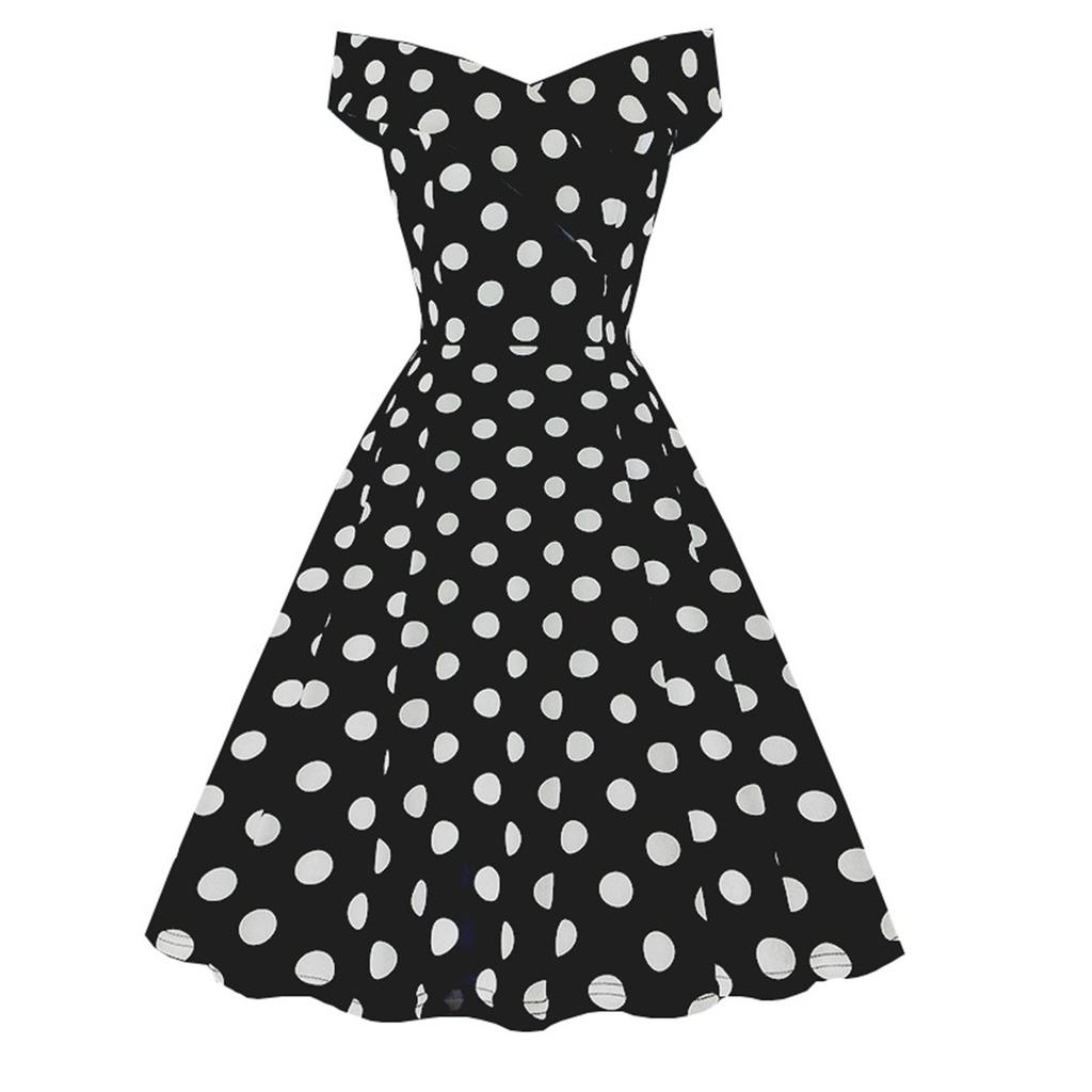 (Qunide) Women's Fashion One-line Shoulder Wave Dot Print Sexy Dress