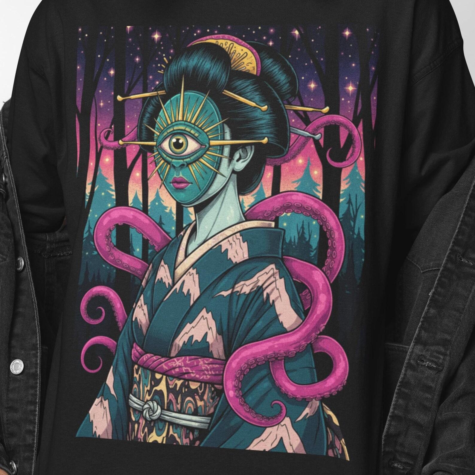 Third Eye Geisha T-Shirt | Psychedelic Japanese Art | Surreal Cosmic Portrait Tee | Trippy Graphic Shirt 2XL