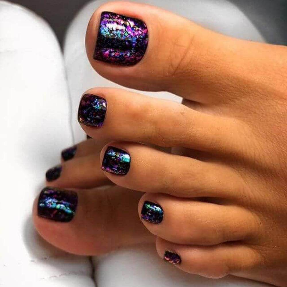 24 Pcs Short Square Fake Toenails Blue Cat Eye Rhinestone Design Full Cover Press On Nail Tips