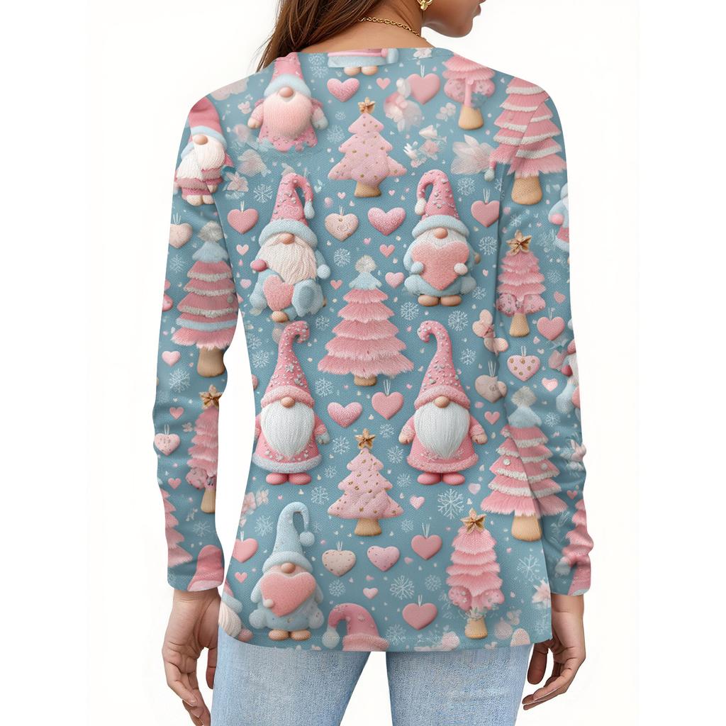 Women's Fashion Casual H Printed V-Neck Long Sleeve Decorative Button T-Shirt Tops