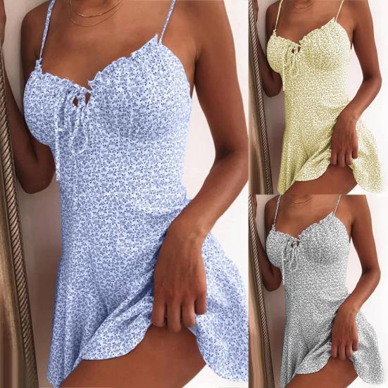 Dámské Sexy Špagetová Ramínka Hrudní Obvaz Květinový Potisk Široký Spodní Lem Štíhlé Mini Šaty