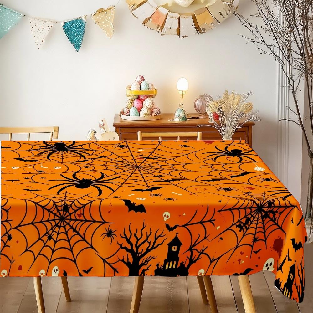Halloween Rectangle Orange Table Cloth Spider Web Bat Ghost Table Cover Kitchen Dining Spooky Halloween Party Table Decoration