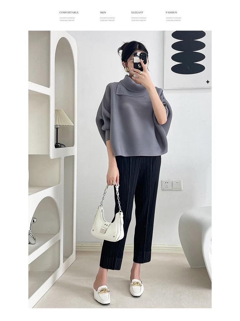 Miyake Damen Plissee Fledermausärmel Oberteil - Lockere Passform, Lange Ärmel, Einfarbig, Ideal für Frühling und Herbst