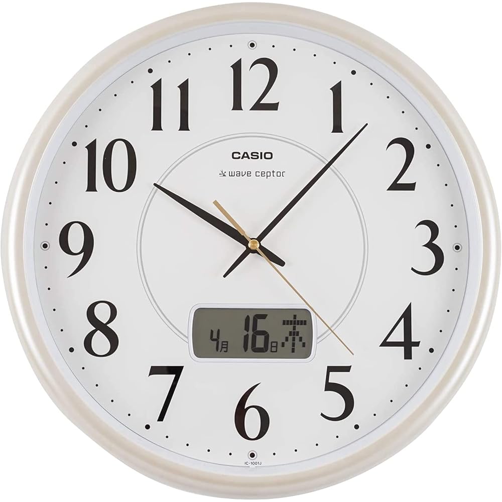 CASIO Wall Clock, Radio-Controlled, White/Champagne, Analog, Calendar, IC-1001J-9JF