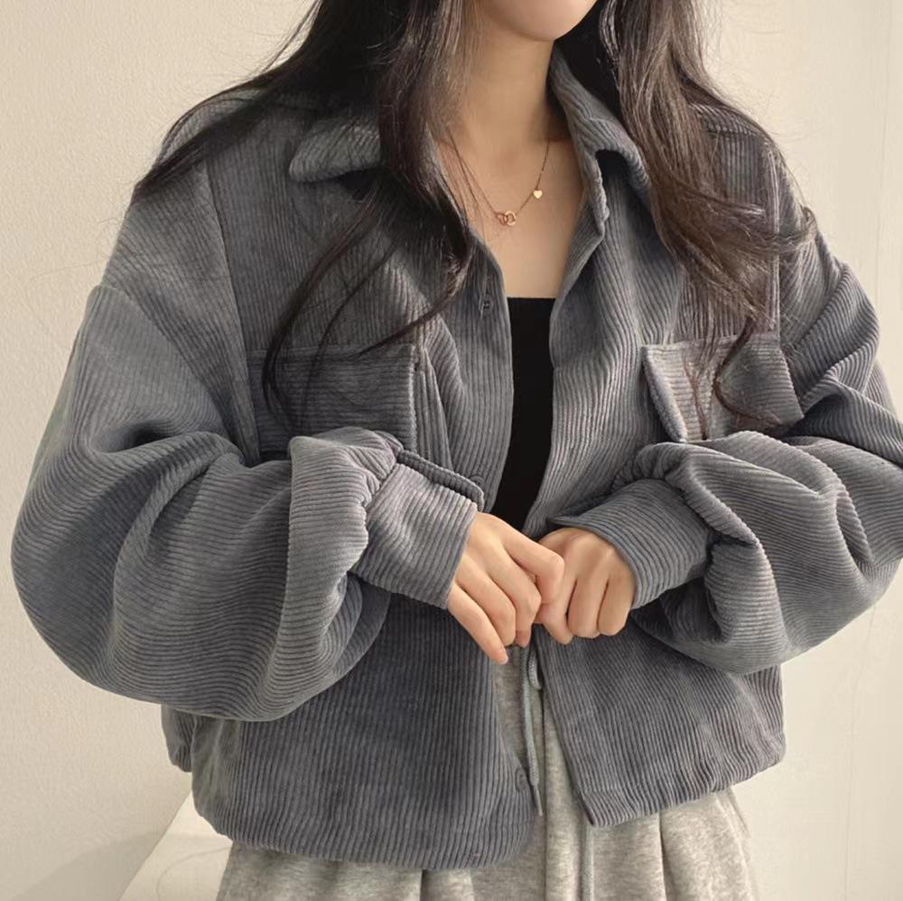 Women's Spring French Retro Corduroy Shirt Jacket with Lapel, Long Sleeves, Single-Breasted, All-Match Korean Chic Style
