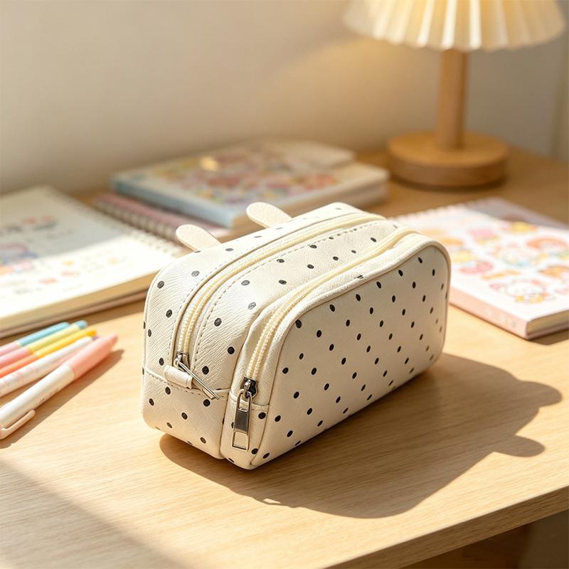 Kawaii Polka Dot Cat Pencil Case Large Capacity Clear Window Inner Pockets For Students School Stationery Storage