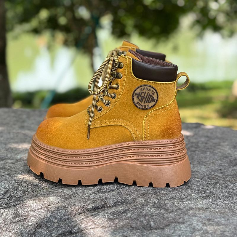 6Cm heightening Martin boots women's 2025 autumn new soft leather explosive outdoor bumblebee small thick-soled short boots