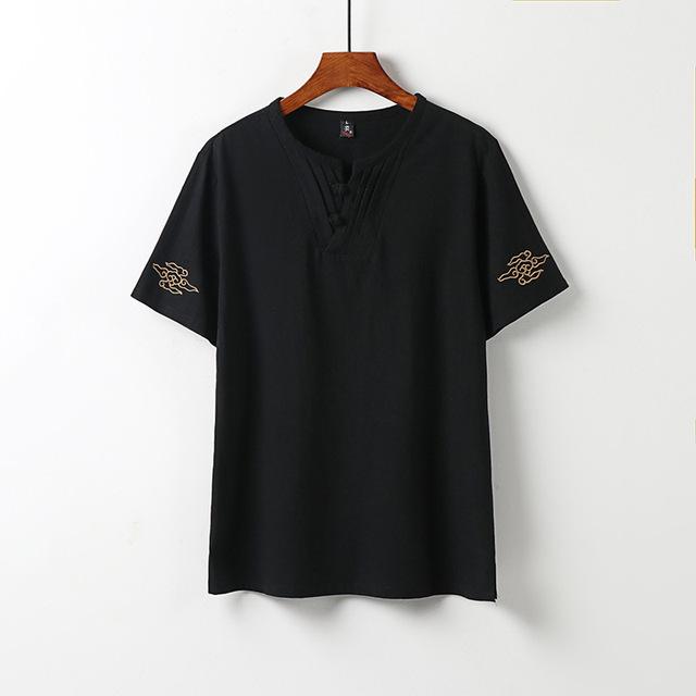 Summer thin linen short-sleeved T-shirt set men's Chinese cotton and linen half-sleeved top retro trend V-neck t-shirt