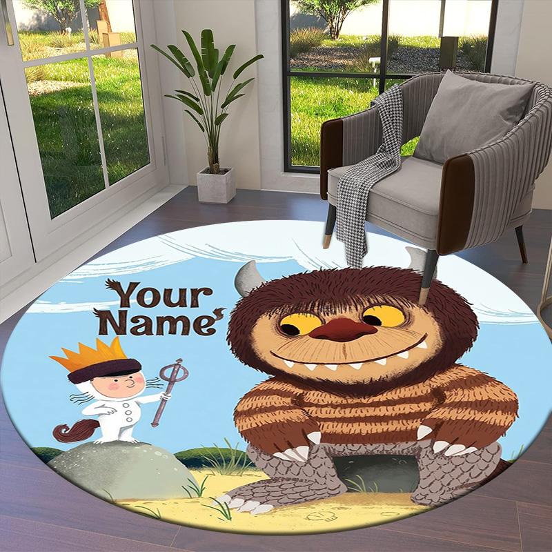 Cat Adventure Custom Name Round Area Rug Carpet Rug For Living Room Bedroom Sofa Playroom Decor Nonslip Floor Mat