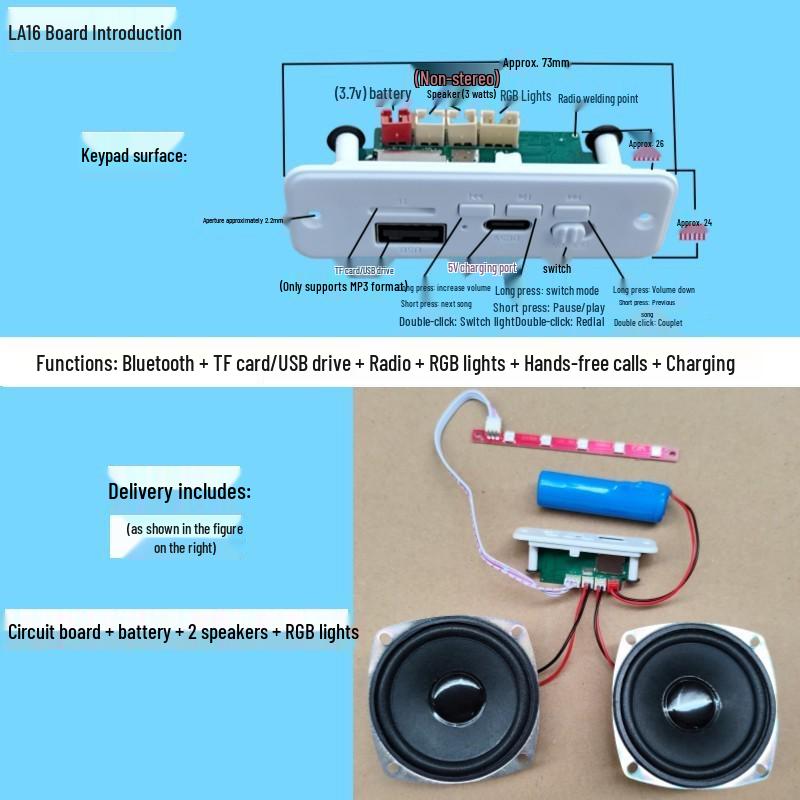 Solderless Bluetooth Speaker Board with Colorful Lights: DIY Electronic Circuit Kit with MP3 Decoding & Amplifier Panel