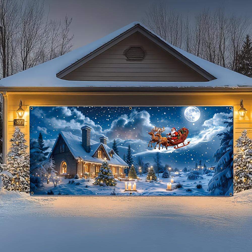 A Polyester Banner for a Christmas Garage Door Featuring Santa Claus Giving Gifts In the Night Sky Suitable for Christmas