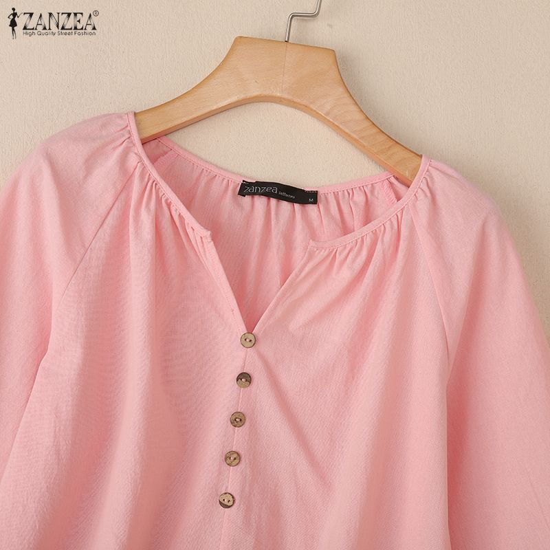 ZANZEA Lässige Damenbluse mit Rundhalsausschnitt und 3/4-Ärmeln, lockere Baumwollbluse