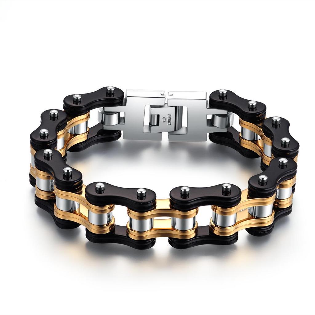 Men's Black Gold Motorcycle Chain Bracelet: European & American Style Stainless Steel Jewelry