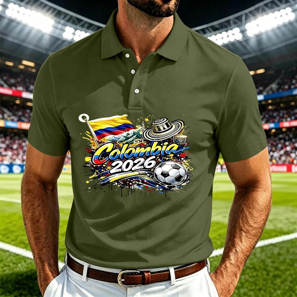 Men's Casual Polo Shirt Quick Dry Breathable Mesh Short Sleeve Lightweight Soccer Print Collared Top for Outdoor Sports and Daily Wear