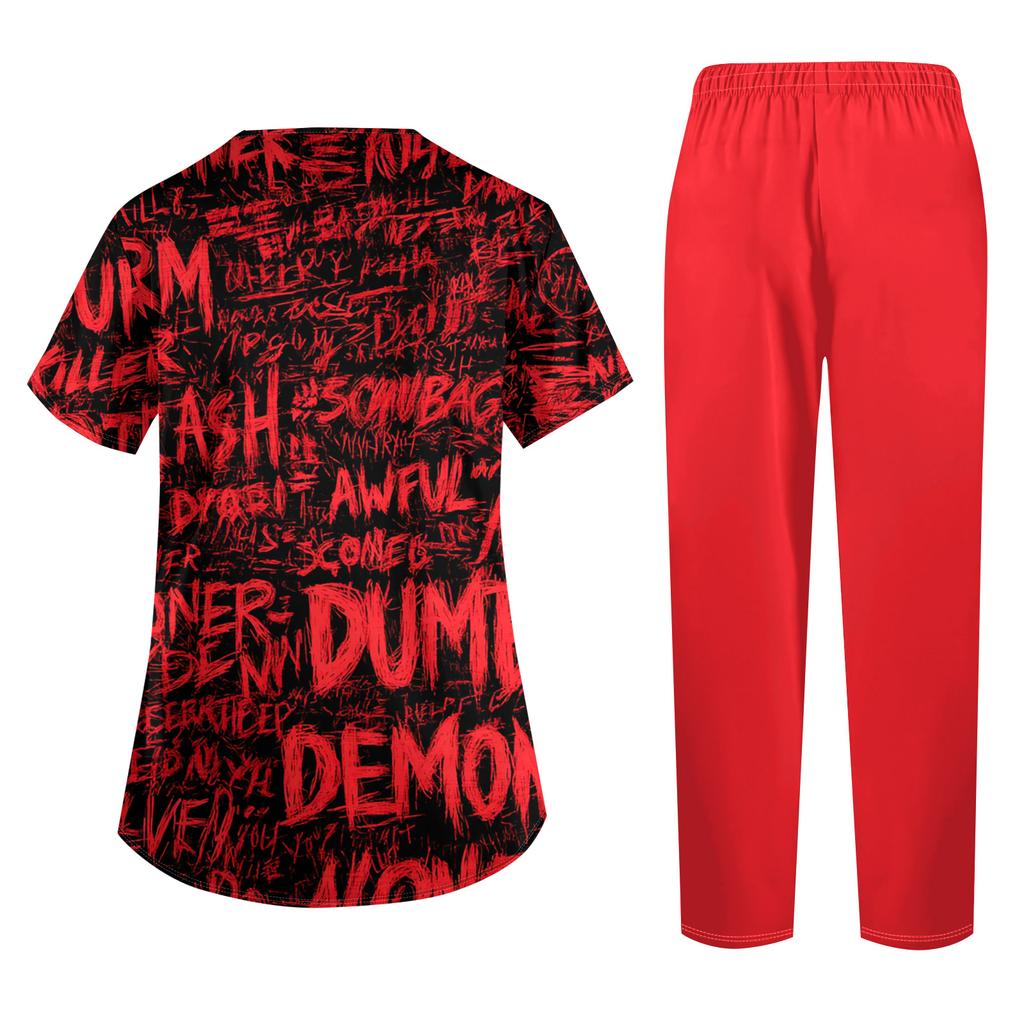 Women's Halloween Print Scrub Set - Short Sleeve Top and Pants with Pockets for Work