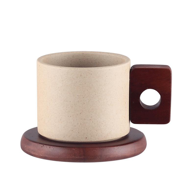 Vintage Ceramic Wooden Handle Coffee Cup with Tray Antique 300ml Tea Cup Home Office Mug Birthday Gift Breakfast Mug Home Decor