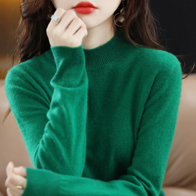 Half High Neck Fashionable Versatile Knitted Sweater for Women, Autumn and Winter Short Style Pullover, Solid Color Loose Sweater Base