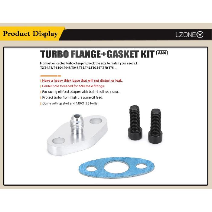 LZONE - AN4 Male Turbo Oil Feed Inlet Flange Adapter Kit w/Gasket For T3 T4 T04 T04B T04E JR-OFG31