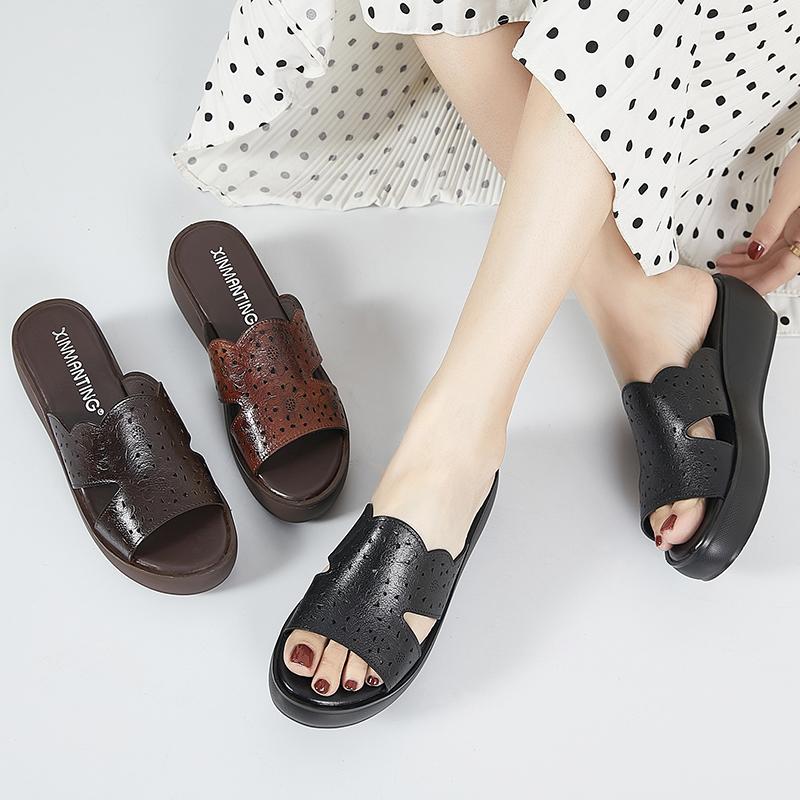 Fashion GKTINOO Summer Slippers Female Fashion Genuine Leather Wedges Heel Soft Sole Hollow Open Toe Mom Shoes Platform Ladies Sandals