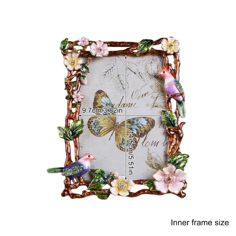 Elegant Emaille Bloemen Vogel Metalen Fotolijst Met Strass Accent Antiek Fotolijstje Voor Tafelblad Planken Decoraties