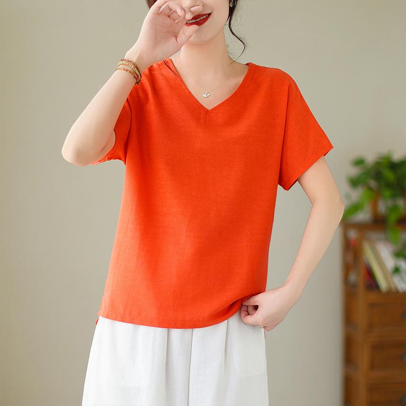 Women's Linen V-Neck Short-Sleeve Retro Top - Loose Casual Summer Style