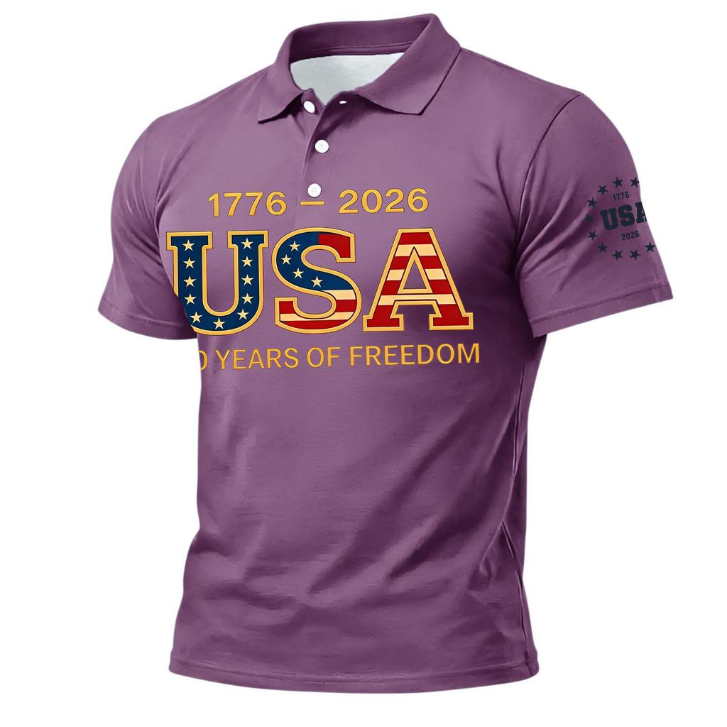 Men’s Short Sleeve Polo Shirt with USA 250 Years of Freedom Letter Print Classic Fit Soft Fabric Casual Top