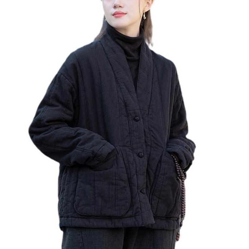25 Winter Women's Clothing New Ramie Quilted Vertical Grid Shawl Collar Disc Buckle Cotton-padded Warm Cotton-padded Jacket Short Cotton-padded Jacket