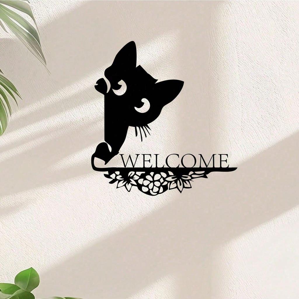 Vintage Metal Black Cat Welcome Sign Wall Decor For Cat Lovers Gift
