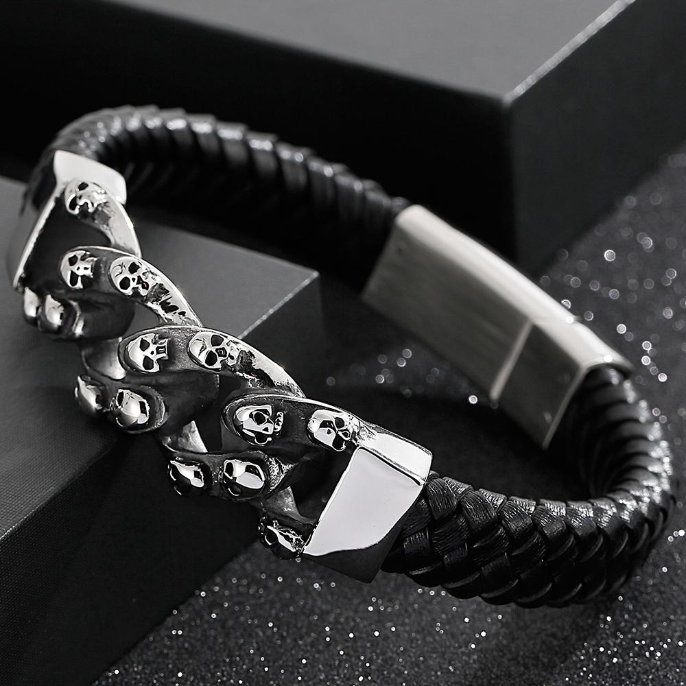 Punk 316L Stainless Steel Skull Bracelet for Men Vintage Men's Braided Leather Rope Chain Wrap Bracelets Massive Male Jewelry