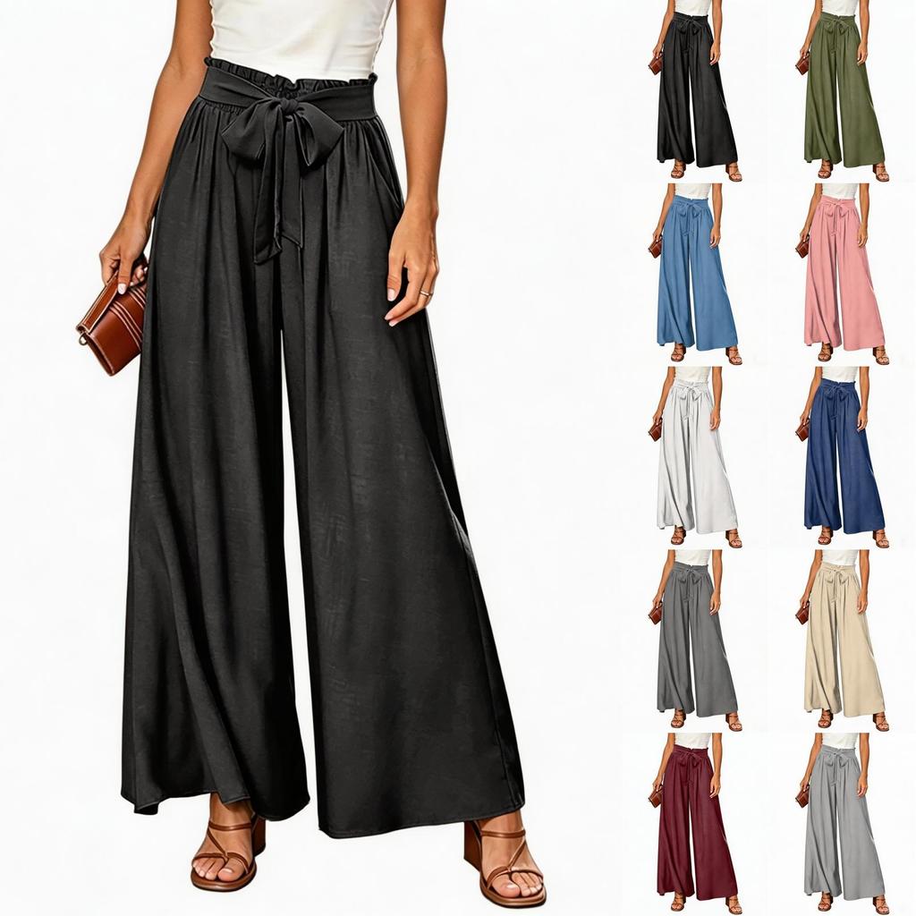 High Waist Wide Leg Palazzo Pants for Women with Belted Tie Elastic Waist Loose Fit Trousers for Casual or Office Wear