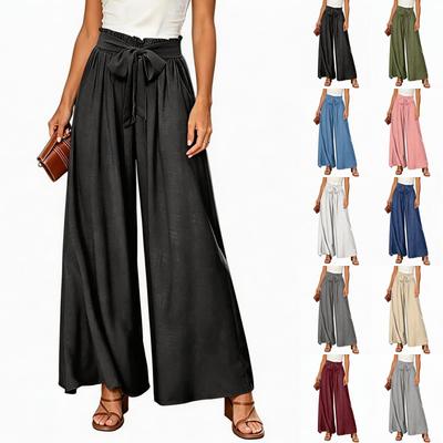 Women's High Waist Wide Leg Pants Bohemian Style Palazzo Trousers with Tie Waist and Pockets Casual Loose Fit Long Pants