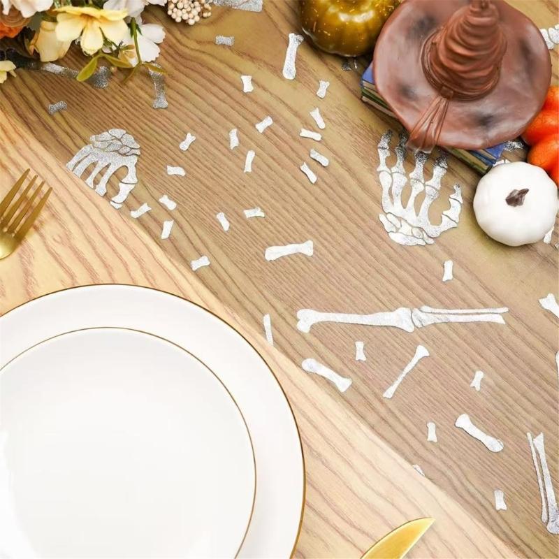 Halloween Skeleton Print Table Runner Shimmering Decoration Wrinkle Resistant Mesh Tablecloth for Dinner Party Setups